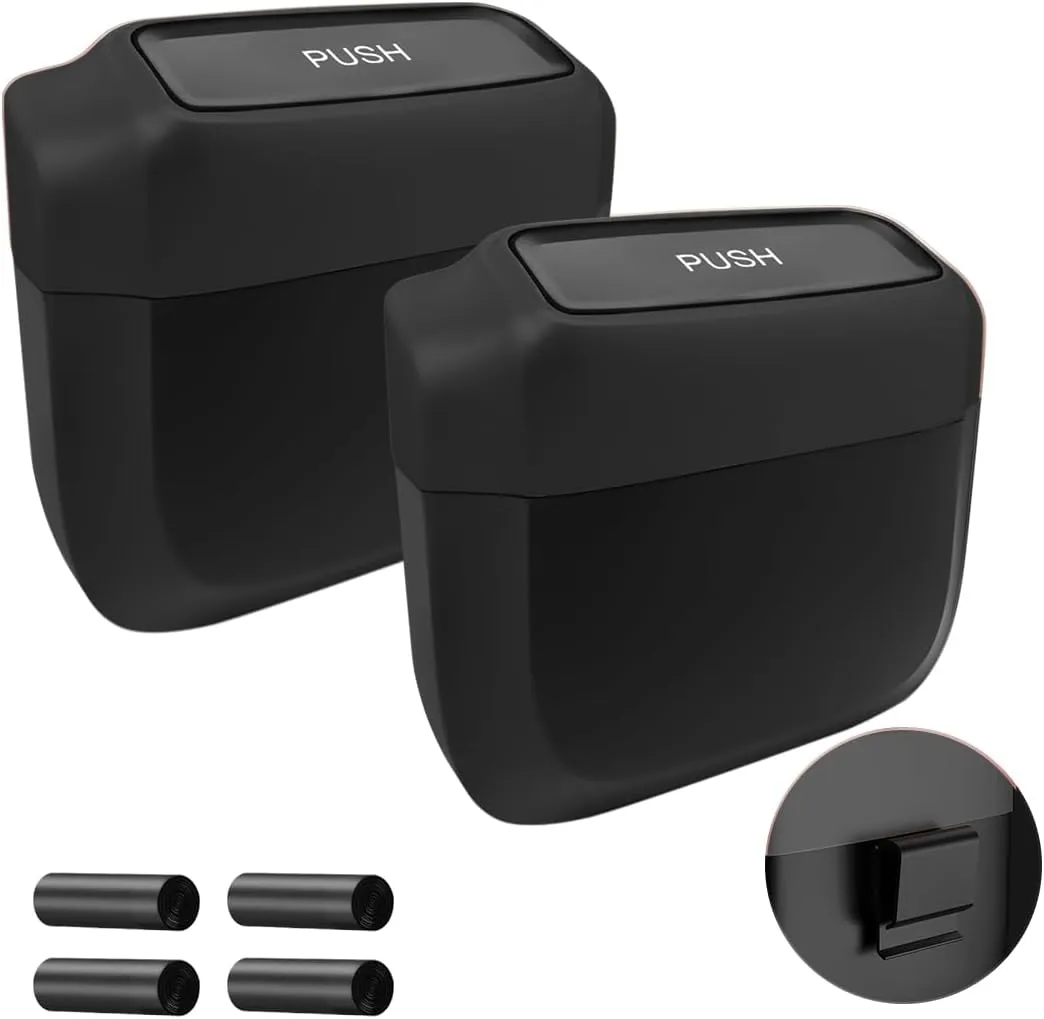 AUCELI 2PCS Car Trash Can with Lid, Mini Automotive Built-in Storage Organizer Garbage Bag, Leakproof Vehicle Trash Bin with 4 Trash Bag, Universal for Home Office Kitchen Bedroom（Black/2PCS）