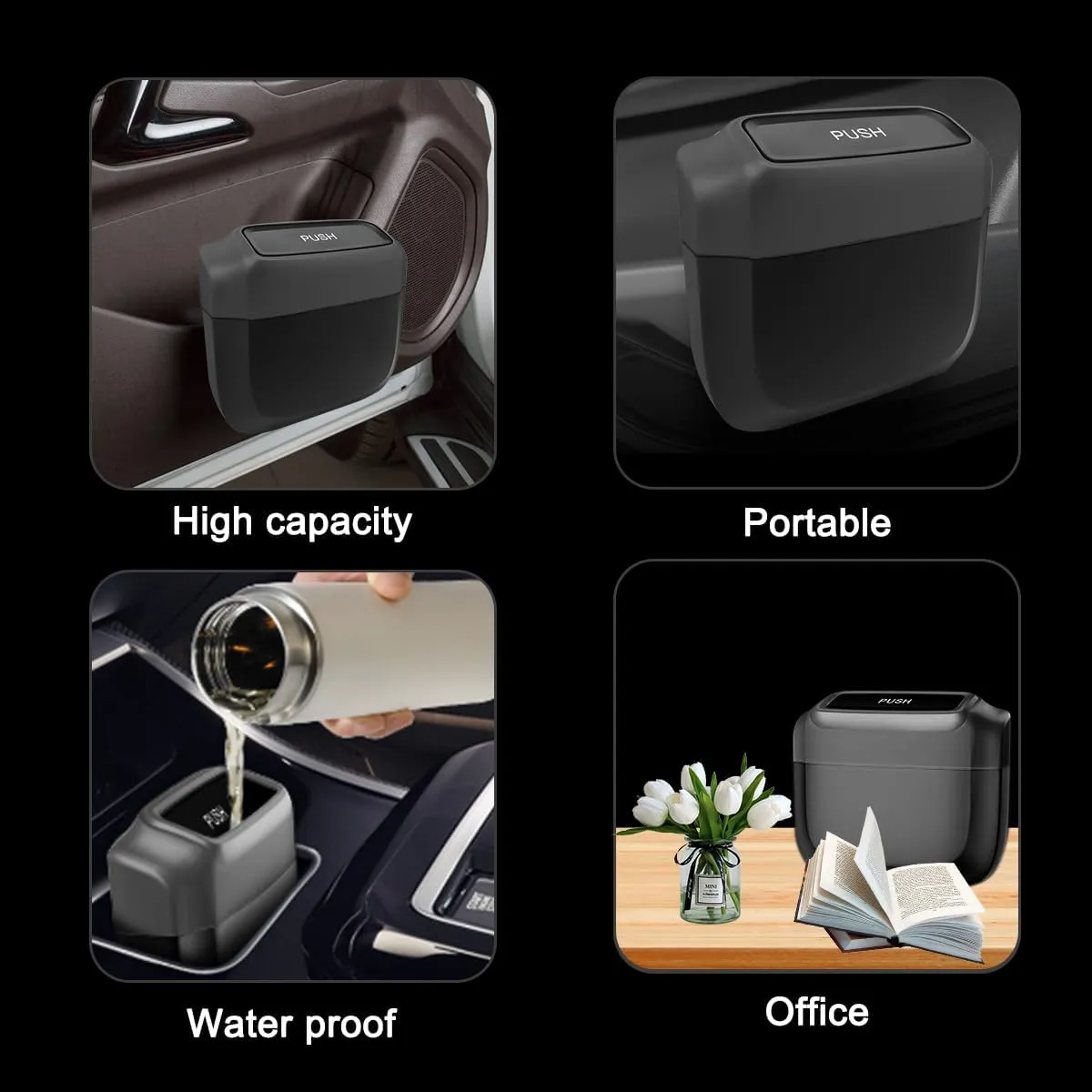 AUCELI 2PCS Car Trash Can with Lid, Mini Automotive Built-in Storage Organizer Garbage Bag, Leakproof Vehicle Trash Bin with 4 Trash Bag, Universal for Home Office Kitchen Bedroom（Black/2PCS）