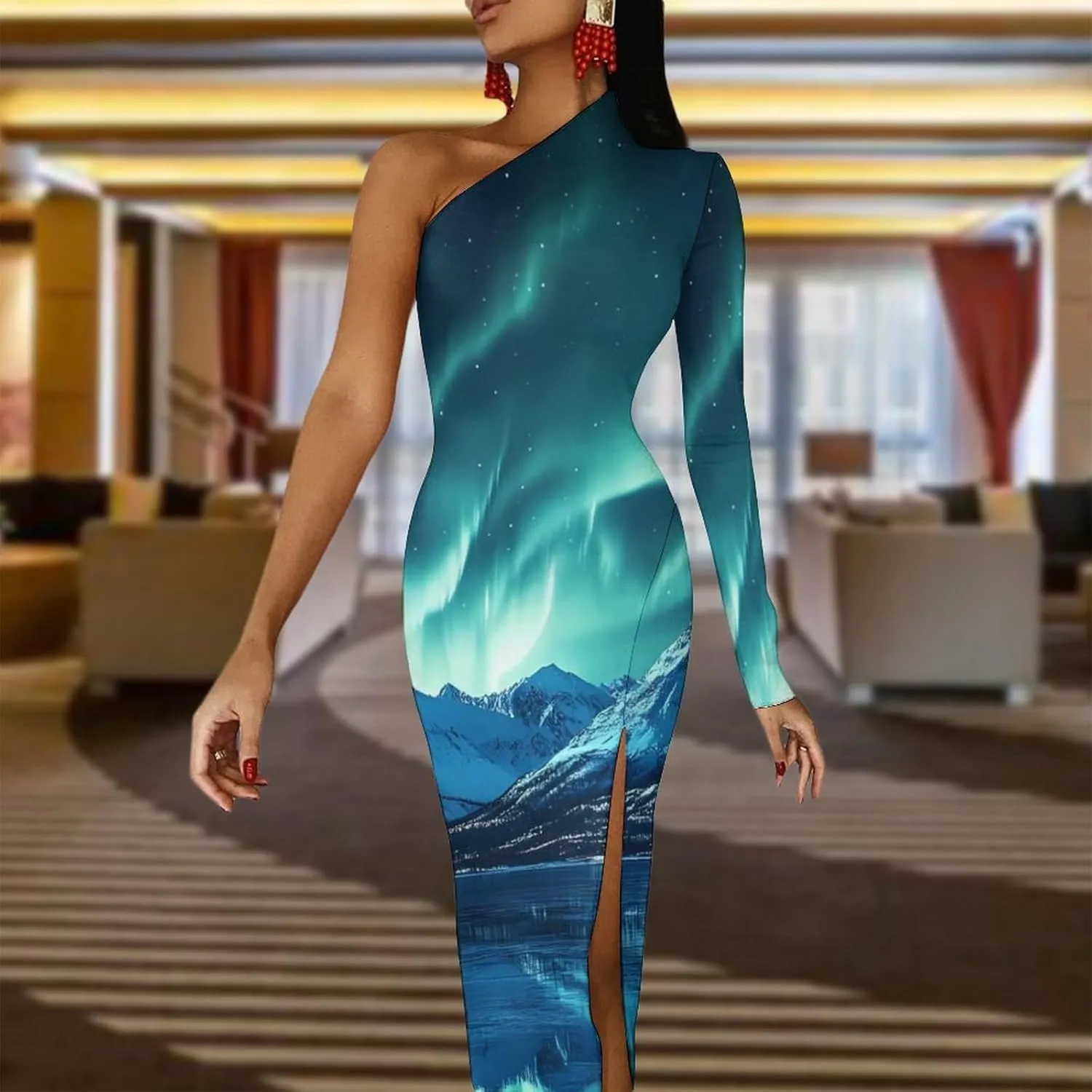 Aurora Lake Womens One Shoulder Long Sleeve Dress Sexy Slit Bodycon Wedding Party Maxi Dresses