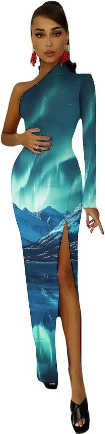 Aurora Lake Womens One Shoulder Long Sleeve Dress Sexy Slit Bodycon Wedding Party Maxi Dresses
