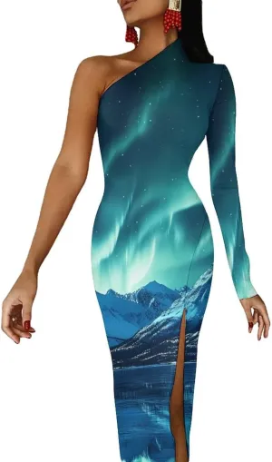 Aurora Lake Womens One Shoulder Long Sleeve Dress Sexy Slit Bodycon Wedding Party Maxi Dresses