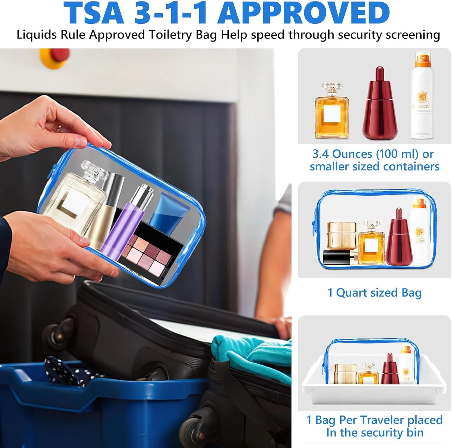 AURUZA 4 Pack Clear Toiletry Bag, Portable Travel Makeup Pouch with Zipper, TSA Approved Organizer, PVC Cosmetic for Airport Airline Compliant