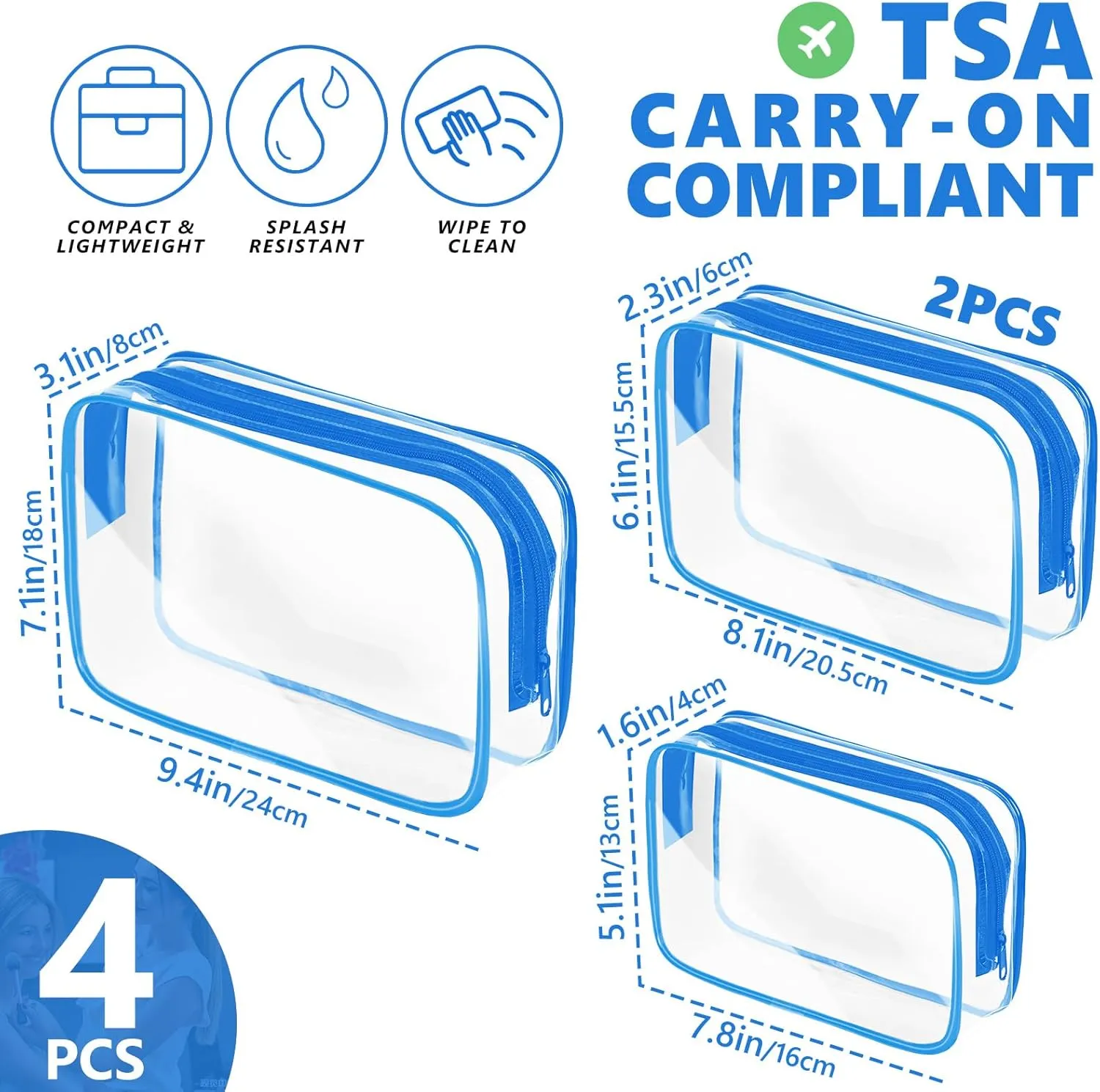 AURUZA 4 Pack Clear Toiletry Bag, Portable Travel Makeup Pouch with Zipper, TSA Approved Organizer, PVC Cosmetic for Airport Airline Compliant