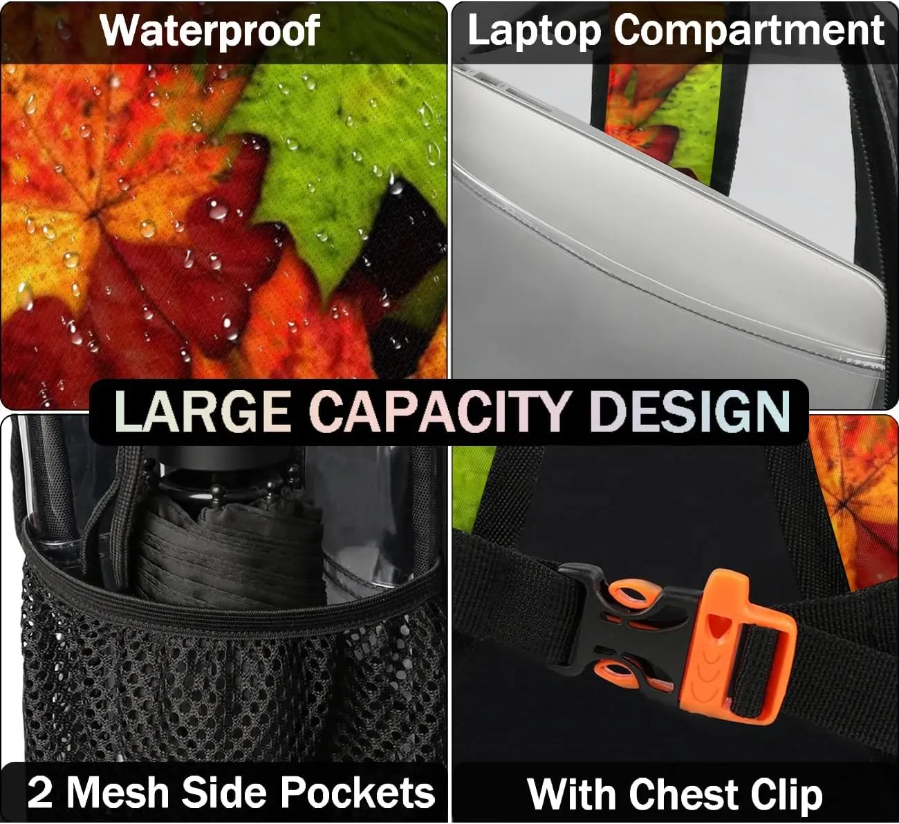 Autumn Maple Leaves Pattren Clear Backpack Stadium Approved Heavy Duty Transparent Backpack for Women Men Large PVC See Through Bag for Sports Event Concert Festival Work Travel