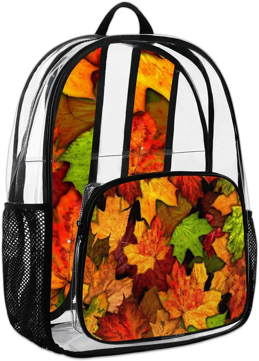 Autumn Maple Leaves Pattren Clear Backpack Stadium Approved Heavy Duty Transparent Backpack for Women Men Large PVC See Through Bag for Sports Event Concert Festival Work Travel