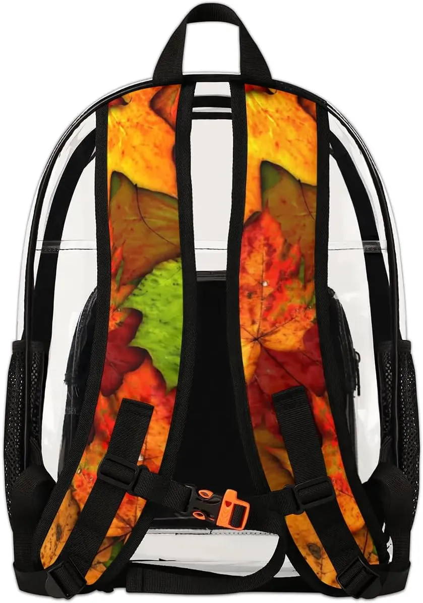 Autumn Maple Leaves Pattren Clear Backpack Stadium Approved Heavy Duty Transparent Backpack for Women Men Large PVC See Through Bag for Sports Event Concert Festival Work Travel