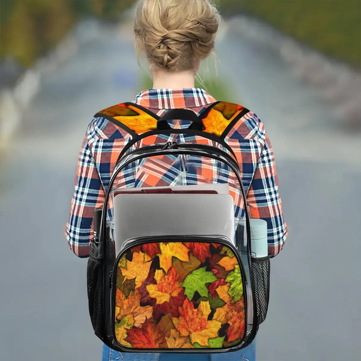 Autumn Maple Leaves Pattren Clear Backpack Stadium Approved Heavy Duty Transparent Backpack for Women Men Large PVC See Through Bag for Sports Event Concert Festival Work Travel