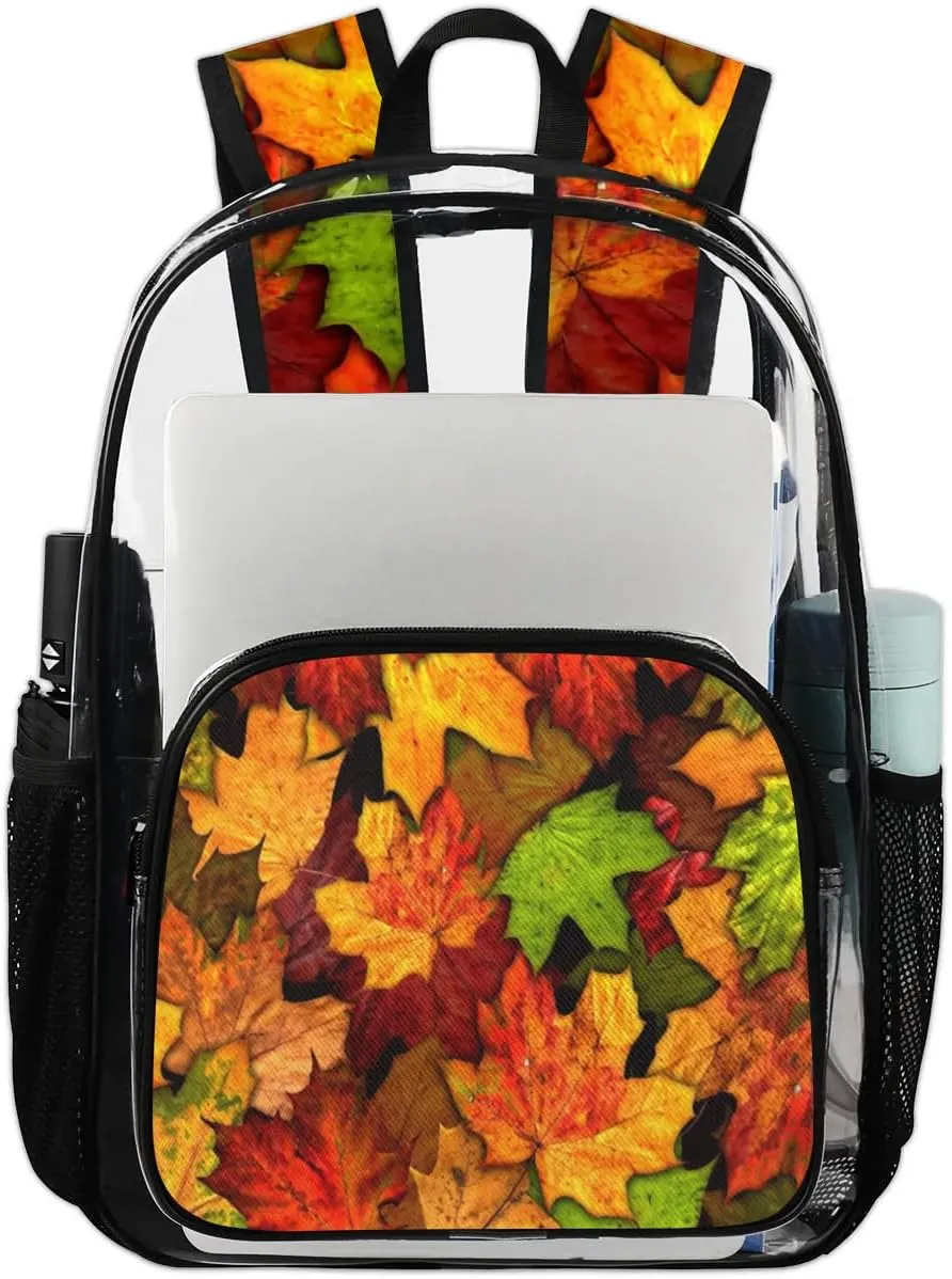 Autumn Maple Leaves Pattren Clear Backpack Stadium Approved Heavy Duty Transparent Backpack for Women Men Large PVC See Through Bag for Sports Event Concert Festival Work Travel