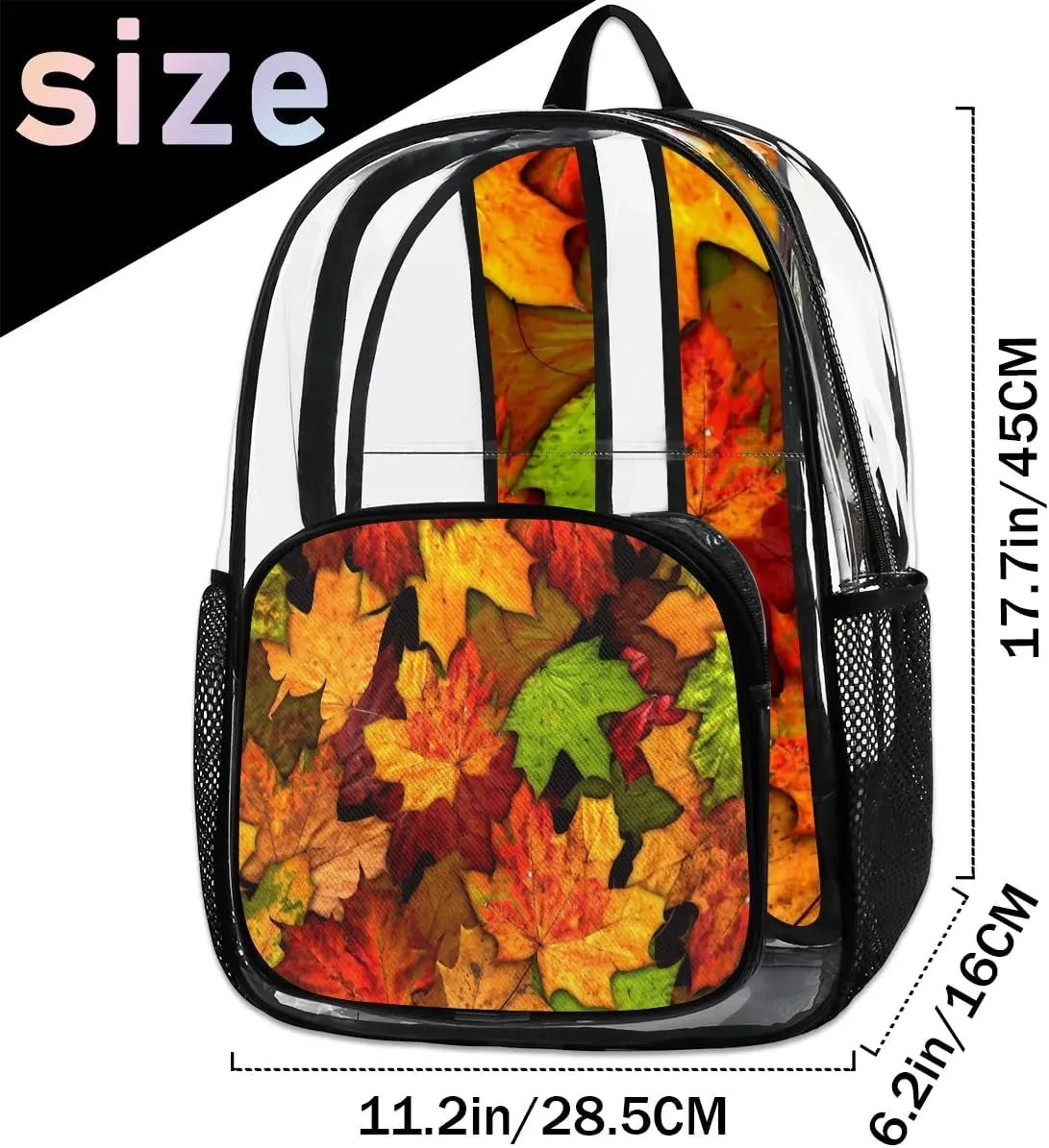 Autumn Maple Leaves Pattren Clear Backpack Stadium Approved Heavy Duty Transparent Backpack for Women Men Large PVC See Through Bag for Sports Event Concert Festival Work Travel