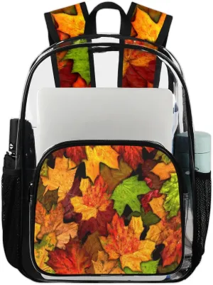 Autumn Maple Leaves Pattren Clear Backpack Stadium Approved Heavy Duty Transparent Backpack for Women Men Large PVC See Through Bag for Sports Event Concert Festival Work Travel