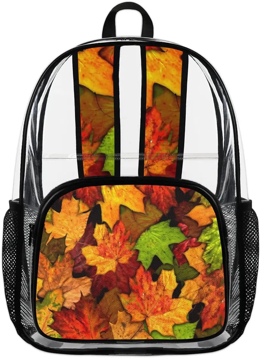 Autumn Maple Leaves Pattren Clear Backpack Stadium Approved Heavy Duty Transparent Backpack for Women Men Large PVC See Through Bag for Sports Event Concert Festival Work Travel