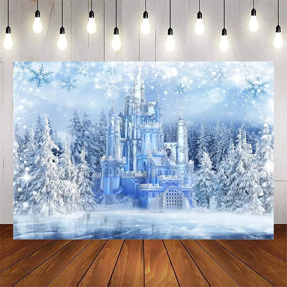 Avezano Winter Castle Backdrop for Photography Snow Mountain Ice Forest Woodland Background Newborn Children Kids Baby Shower Party Banner Decorations (8x6ft)