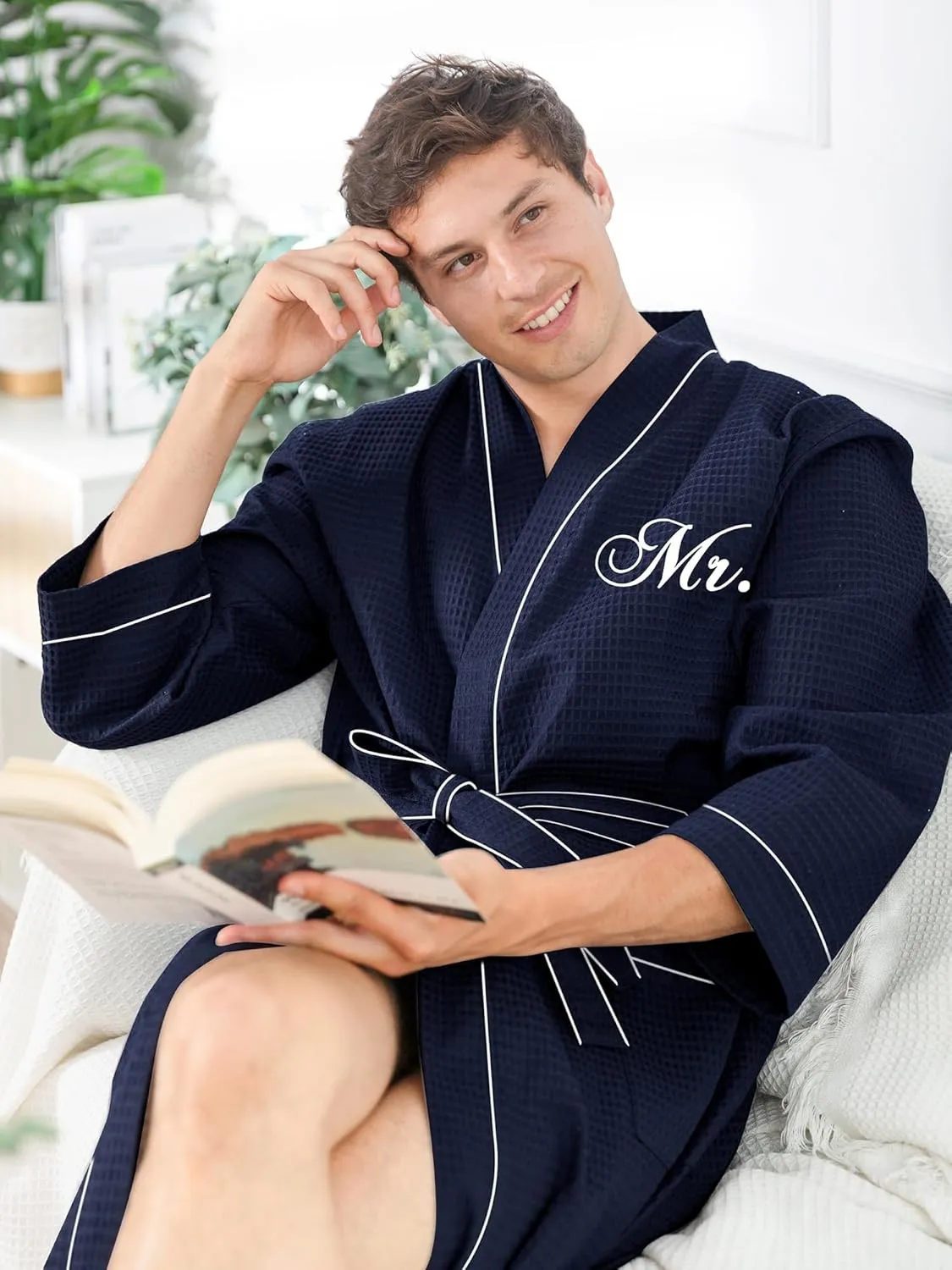 AW BRIDAL 2Pcs Couple's Cotton Waffle Knit Robes Embroidered Lightweight Spa Robes Dressing Gown Bridal Robes for Men Women