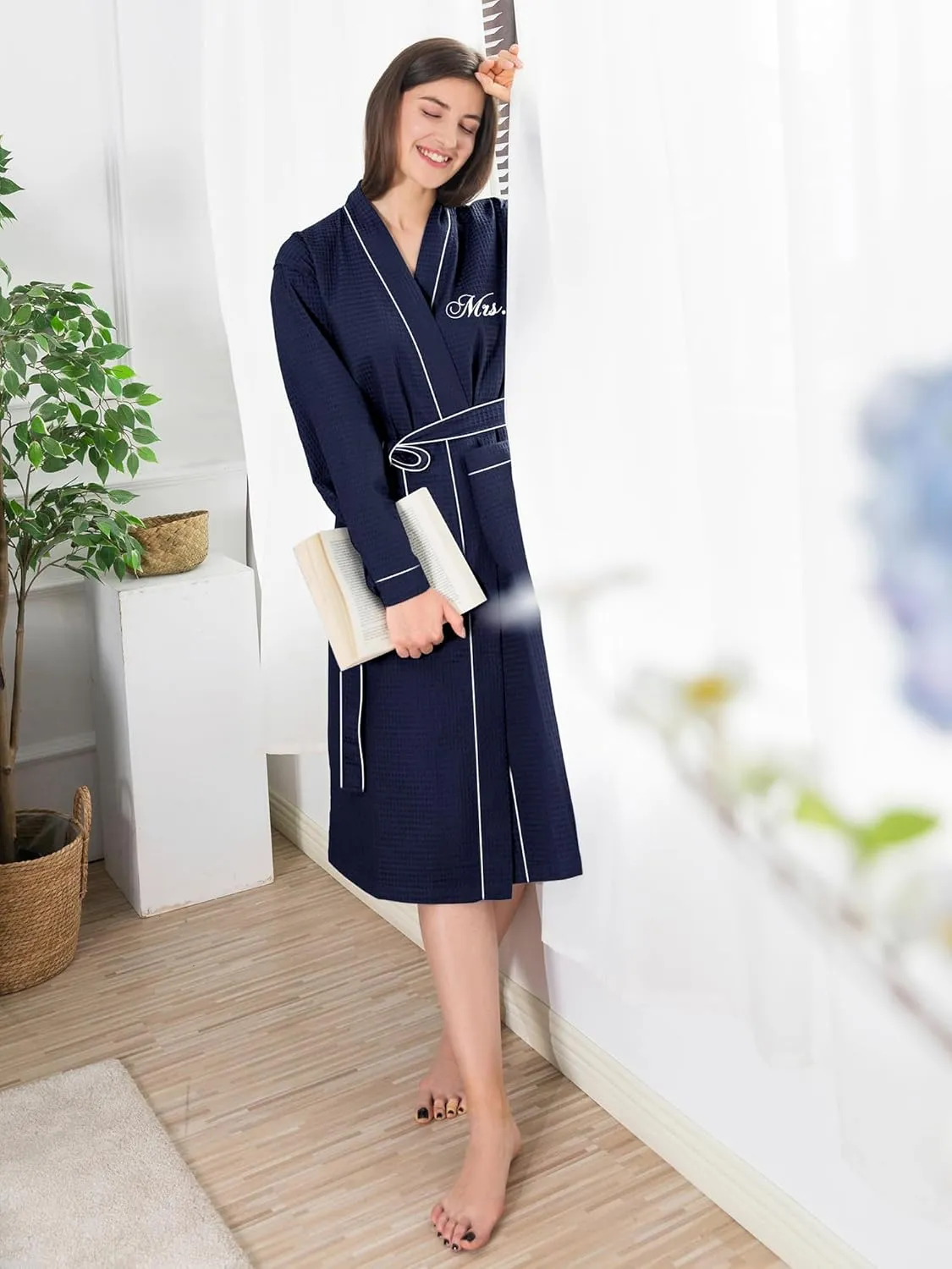 AW BRIDAL 2Pcs Couple's Cotton Waffle Knit Robes Embroidered Lightweight Spa Robes Dressing Gown Bridal Robes for Men Women