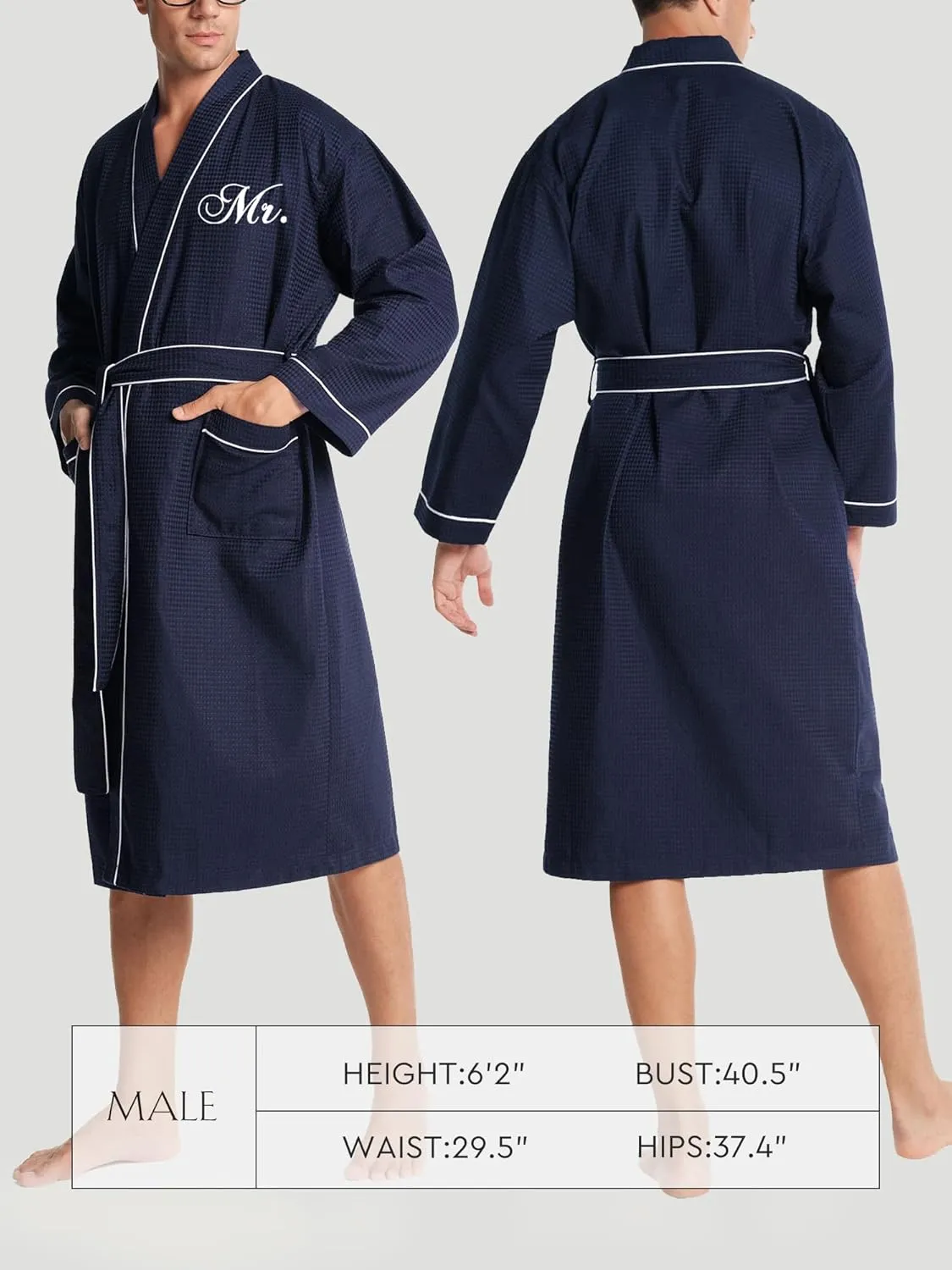 AW BRIDAL 2Pcs Couple's Cotton Waffle Knit Robes Embroidered Lightweight Spa Robes Dressing Gown Bridal Robes for Men Women
