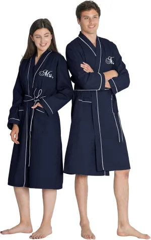 AW BRIDAL 2Pcs Couple's Cotton Waffle Knit Robes Embroidered Lightweight Spa Robes Dressing Gown Bridal Robes for Men Women