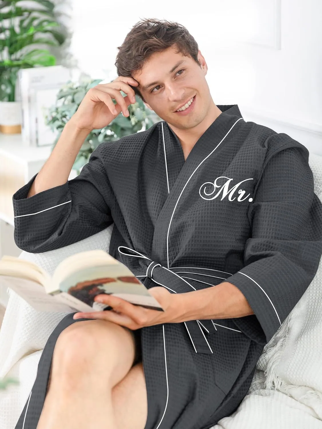 AW BRIDAL 2Pcs Couple's Cotton Waffle Knit Robes Embroidered Lightweight Spa Robes Dressing Gown Bridal Robes for Men Women
