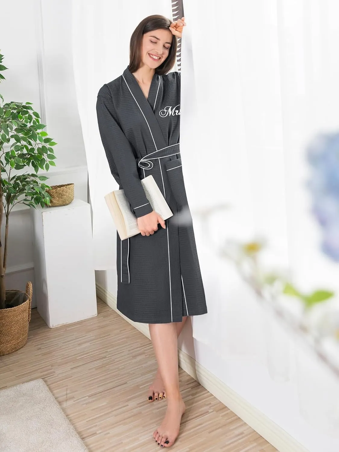 AW BRIDAL 2Pcs Couple's Cotton Waffle Knit Robes Embroidered Lightweight Spa Robes Dressing Gown Bridal Robes for Men Women