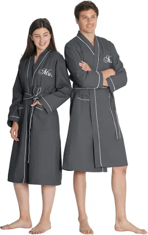 AW BRIDAL 2Pcs Couple's Cotton Waffle Knit Robes Embroidered Lightweight Spa Robes Dressing Gown Bridal Robes for Men Women