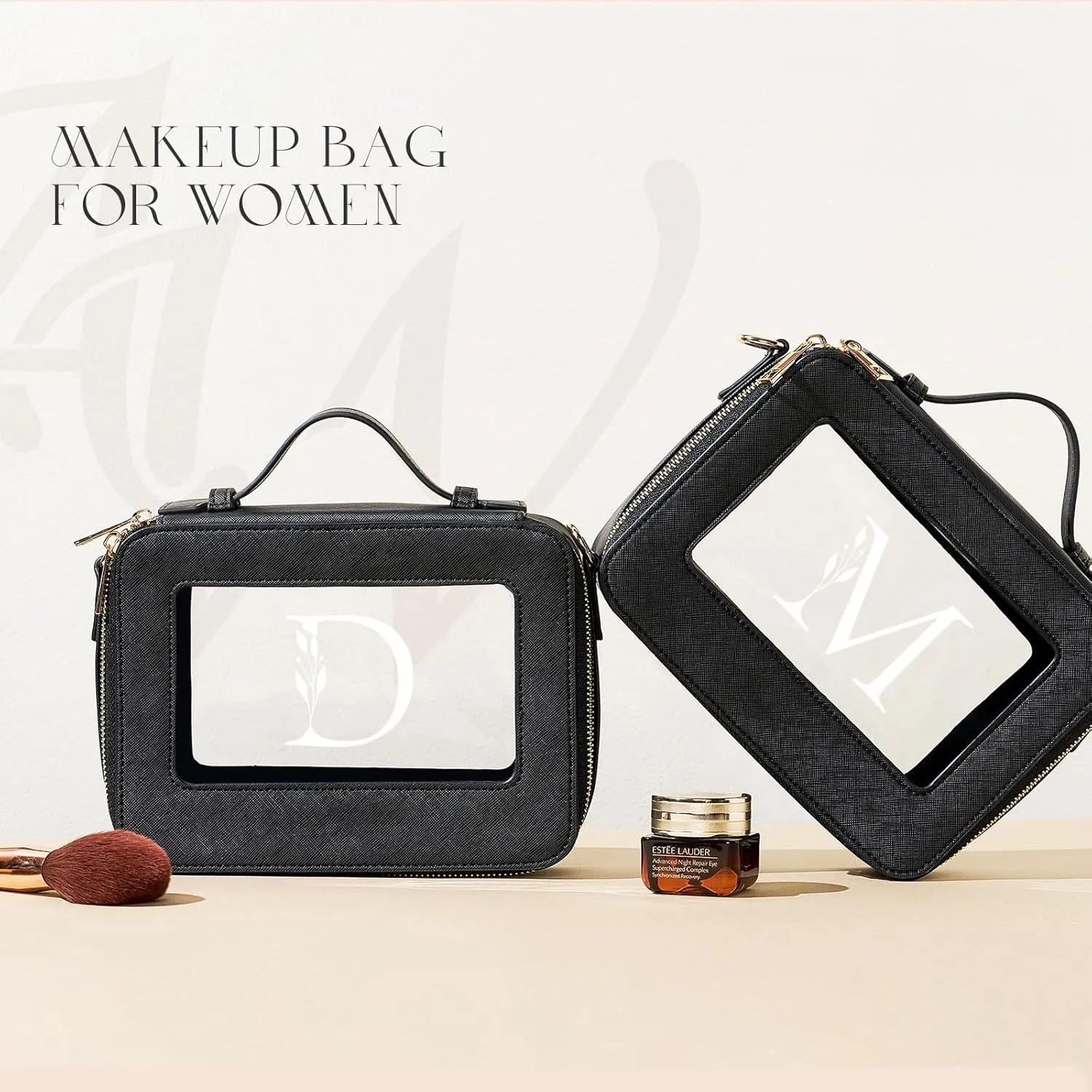 AW BRIDAL Monogram Makeup Bag Small Clear Makeup Bag Clear Toiletry Travel Bag with Shoulder Strap Small Clear Cosmetic Bag Travel Toiletry Bags for Women Clear Makeup Bag with Zipper, Letter D