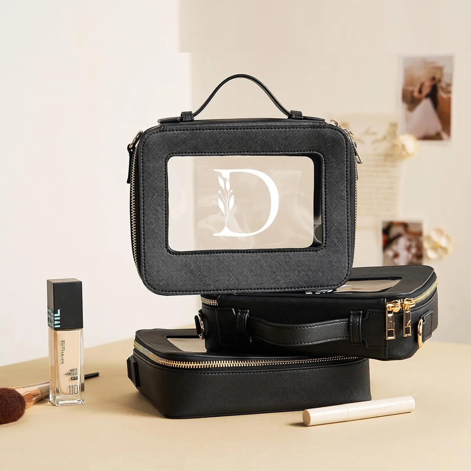 AW BRIDAL Monogram Makeup Bag Small Clear Makeup Bag Clear Toiletry Travel Bag with Shoulder Strap Small Clear Cosmetic Bag Travel Toiletry Bags for Women Clear Makeup Bag with Zipper, Letter D