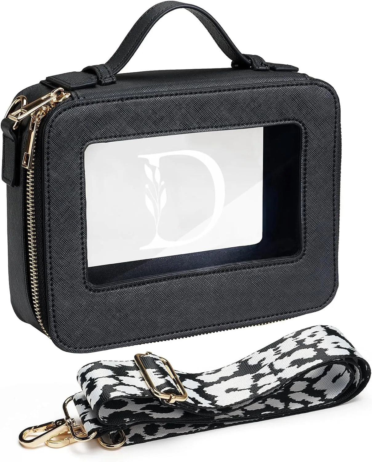 AW BRIDAL Monogram Makeup Bag Small Clear Makeup Bag Clear Toiletry Travel Bag with Shoulder Strap Small Clear Cosmetic Bag Travel Toiletry Bags for Women Clear Makeup Bag with Zipper, Letter D