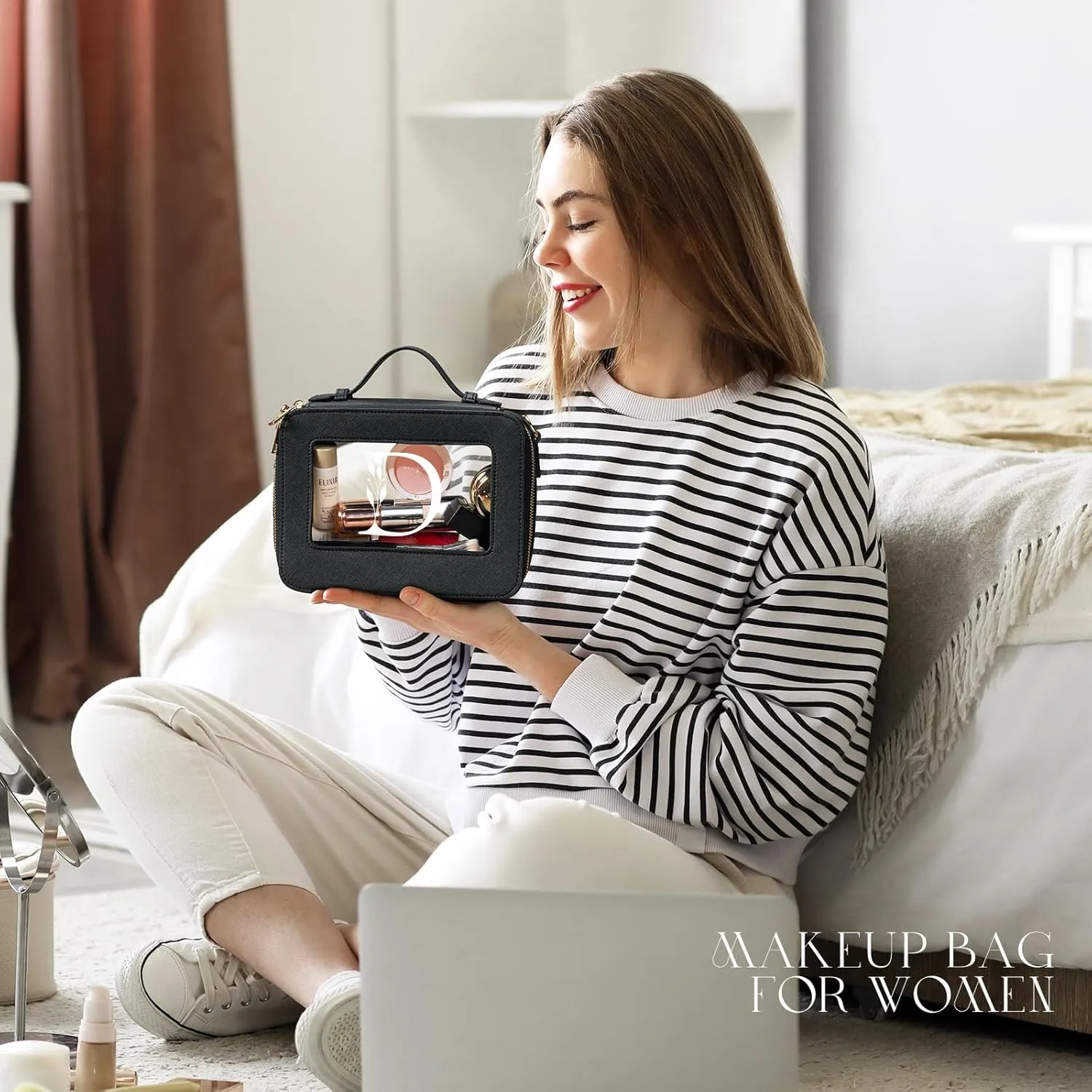 AW BRIDAL Monogram Makeup Bag Small Clear Makeup Bag Clear Toiletry Travel Bag with Shoulder Strap Small Clear Cosmetic Bag Travel Toiletry Bags for Women Clear Makeup Bag with Zipper, Letter D