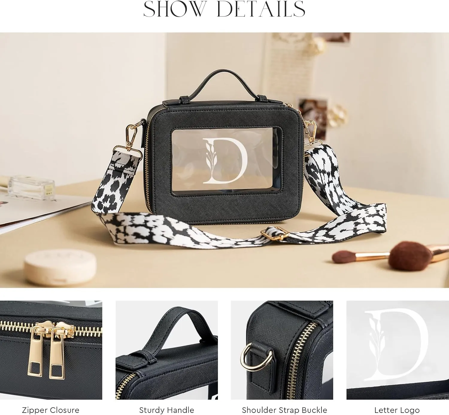 AW BRIDAL Monogram Makeup Bag Small Clear Makeup Bag Clear Toiletry Travel Bag with Shoulder Strap Small Clear Cosmetic Bag Travel Toiletry Bags for Women Clear Makeup Bag with Zipper, Letter D