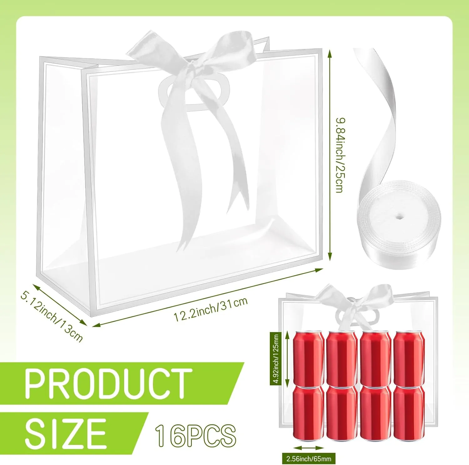 BadenBach 16 PCS Clear Gift Bags with Handles,12"x10"x5", Reusable Plastic Clear Party Favor Bags with Ribbon Transparent Plastic Flower Gift Wrap Bags for Bridal Wedding Birthday Mother's Day,White