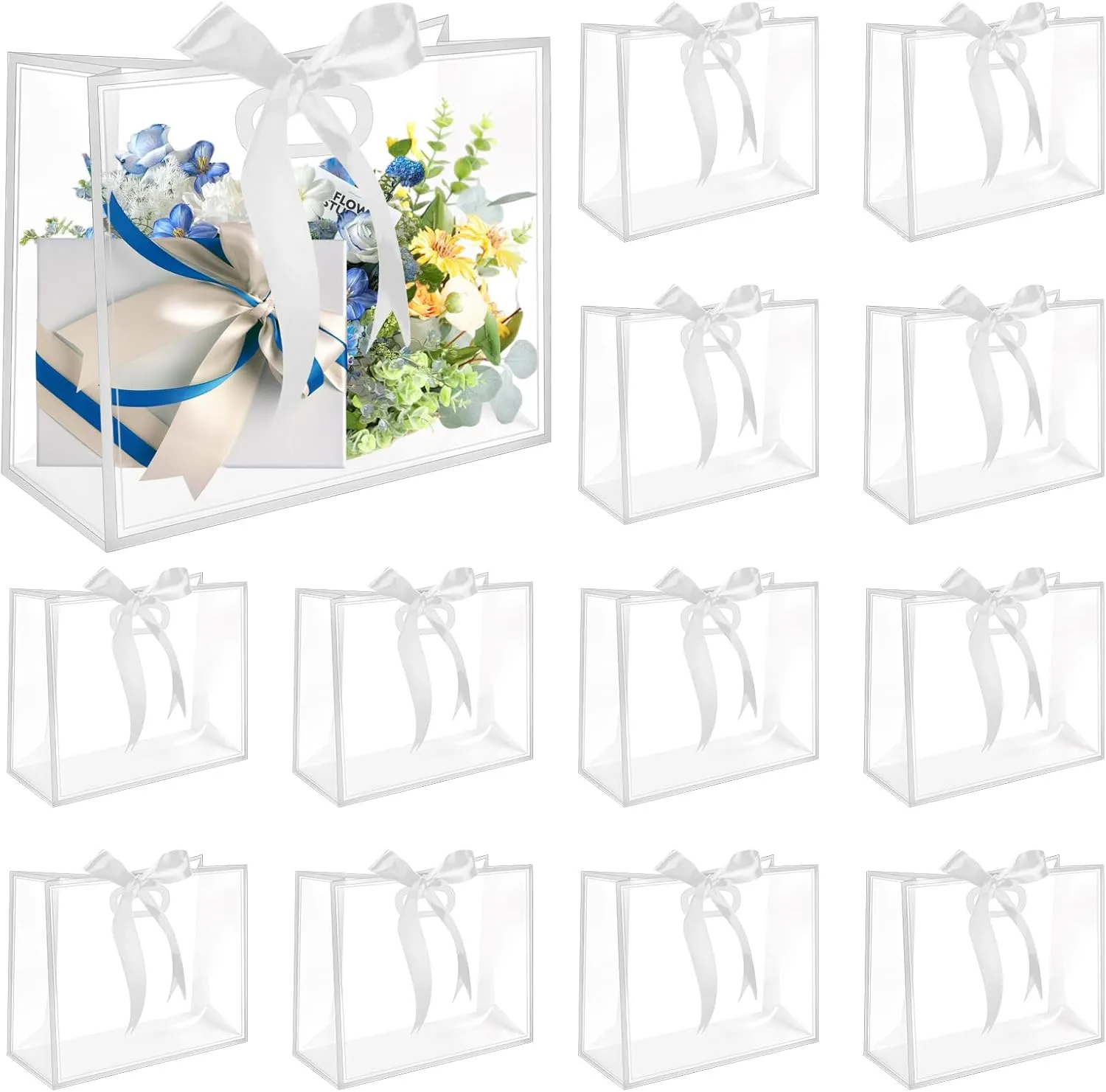 BadenBach 16 PCS Clear Gift Bags with Handles,12"x10"x5", Reusable Plastic Clear Party Favor Bags with Ribbon Transparent Plastic Flower Gift Wrap Bags for Bridal Wedding Birthday Mother's Day,White