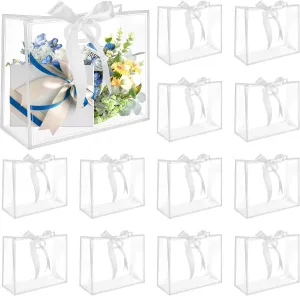 BadenBach 16 PCS Clear Gift Bags with Handles,12"x10"x5", Reusable Plastic Clear Party Favor Bags with Ribbon Transparent Plastic Flower Gift Wrap Bags for Bridal Wedding Birthday Mother's Day,White