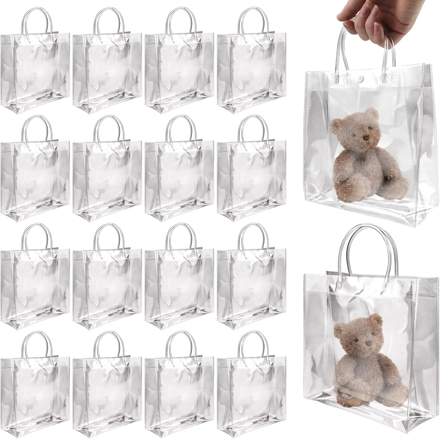 BadenBach 16 PCS Small Clear Gift Bags with Handles,8.66" x 8.66" x 3.15",Transparent Plastic Gift Wrap Bag Reusable Clear Party Favor Goodie Bag for Boutique Wedding Birthday Baby Shower Mother's Day