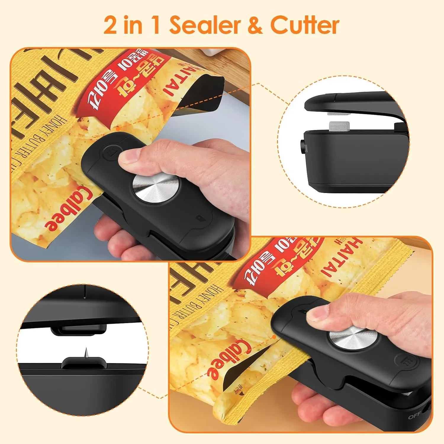 Bag Sealer, 2 in 1 Mini Bag Sealer Heat Seal and Cutter, Portable Chip Bag Sealer Heat Sealer Bag Resealer for Snacks Candies Plastic Bag Food Storage (Batteries Included)