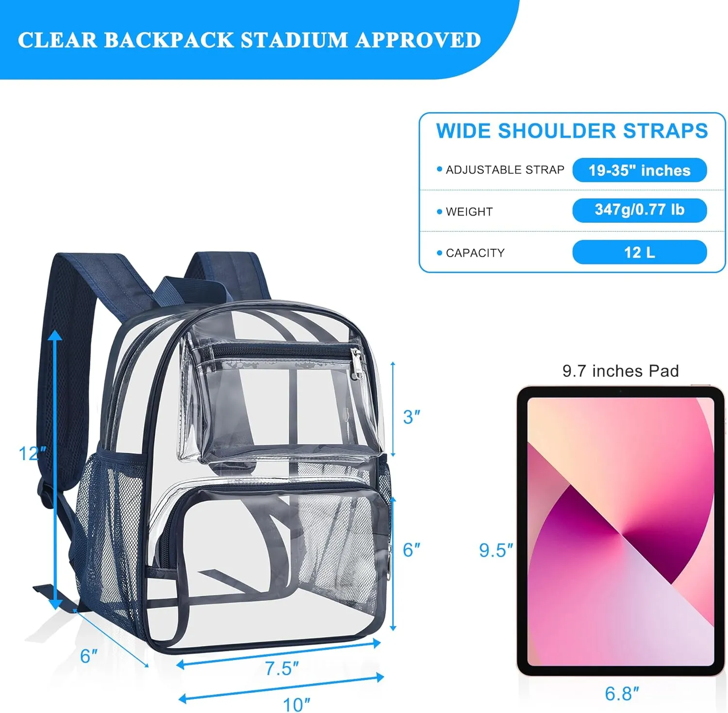 Bagenius Clear Backpack for Stadium Events 12x6x12 Clear Bag for Sports Concerts Work Travel, Navy