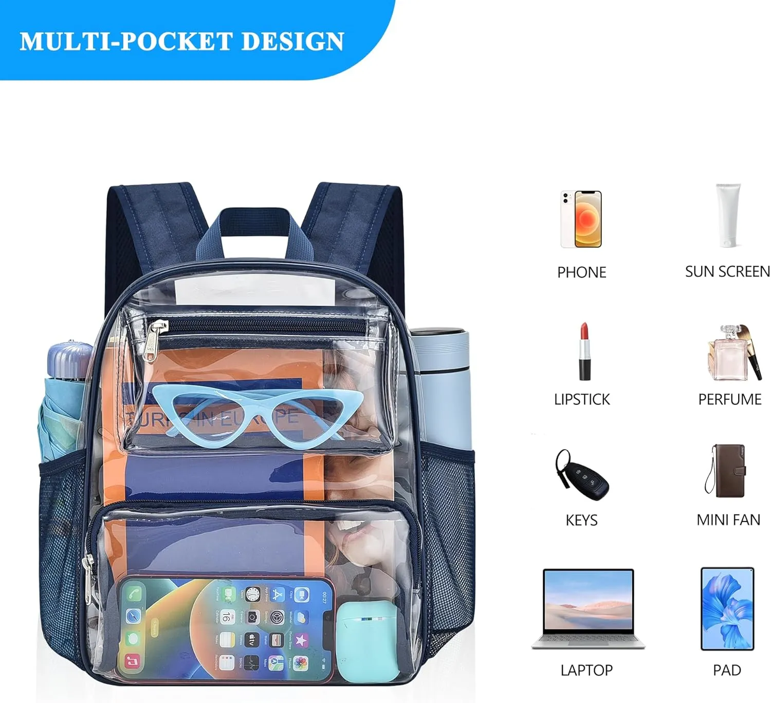 Bagenius Clear Backpack for Stadium Events 12x6x12 Clear Bag for Sports Concerts Work Travel, Navy