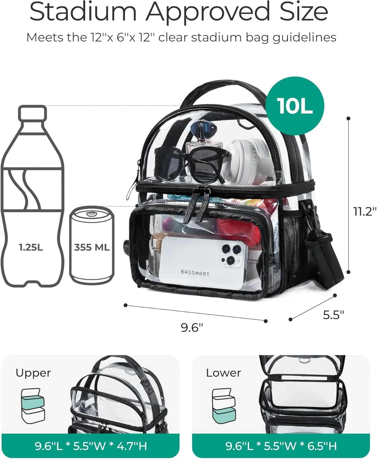 BAGSMART Clear Lunch Bag Double Dceker Lunch Box Transparent Backpack Stadium Approved 12x6x12 Clear Bag for Stadium Events, Concert, Work (Camel)