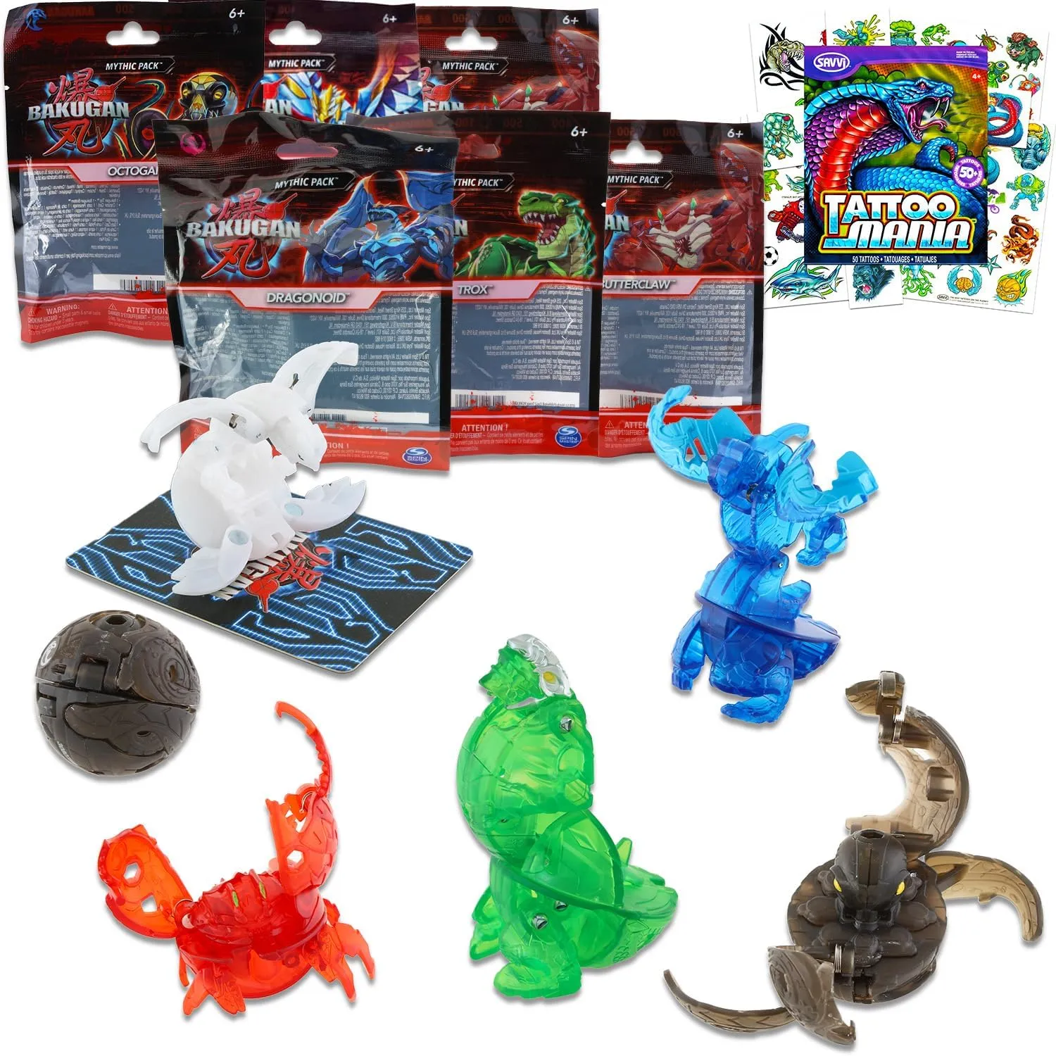 Bakugan Party Favors for Kids, Boys - Bundle with 6 Mythic Pack Party Favor Bags with Bakugan Toy and Card Plus Temporary Tattoos