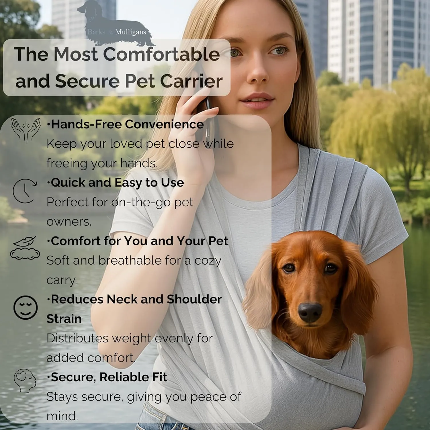 Barks & Mulligans Adjustable Dog Sling for Small Dogs, Puppy Carrier for Pets 0–15 lbs, Cat Sling Wrap, Dog Purse Bag, Hands-Free Pet Holder for Travel or Everyday Use (Light Gray, Regular Fit)