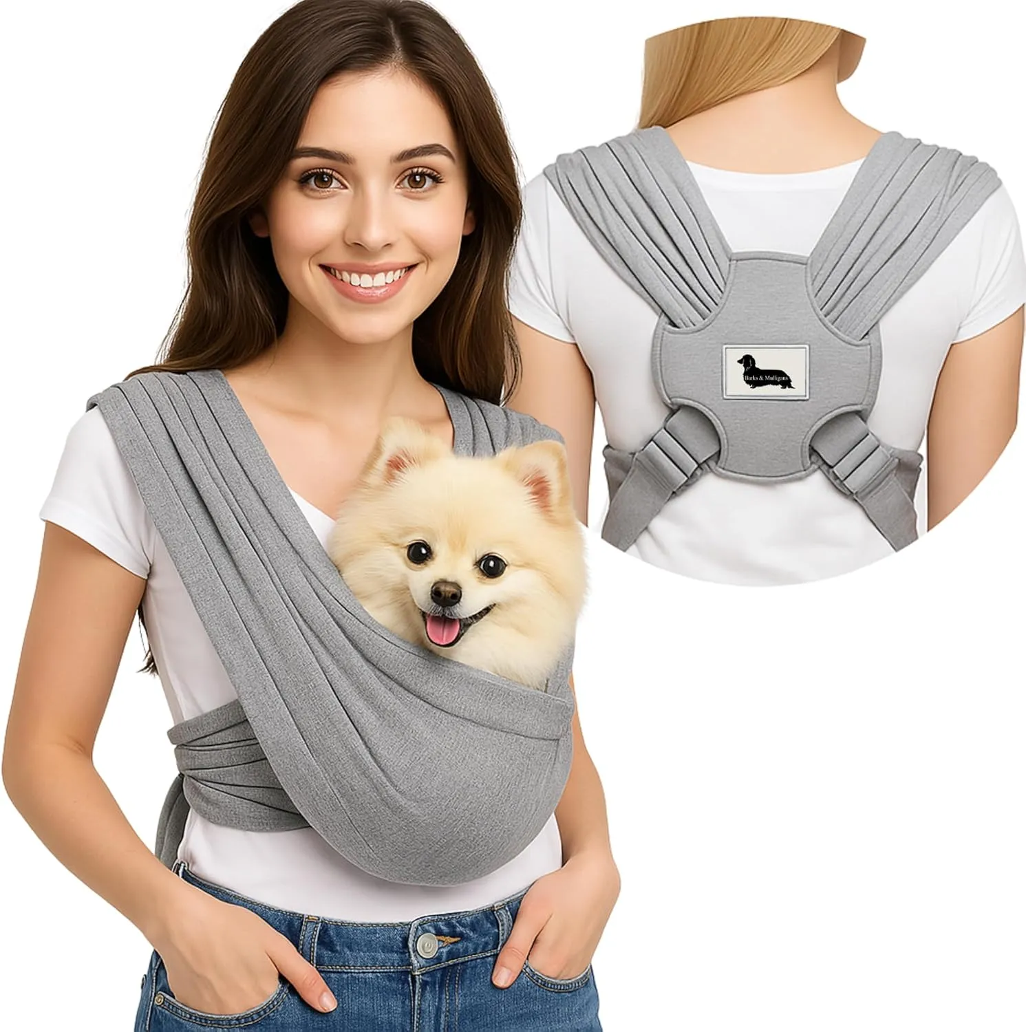 Barks & Mulligans Adjustable Dog Sling for Small Dogs, Puppy Carrier for Pets 0–15 lbs, Cat Sling Wrap, Dog Purse Bag, Hands-Free Pet Holder for Travel or Everyday Use (Light Gray, Regular Fit)