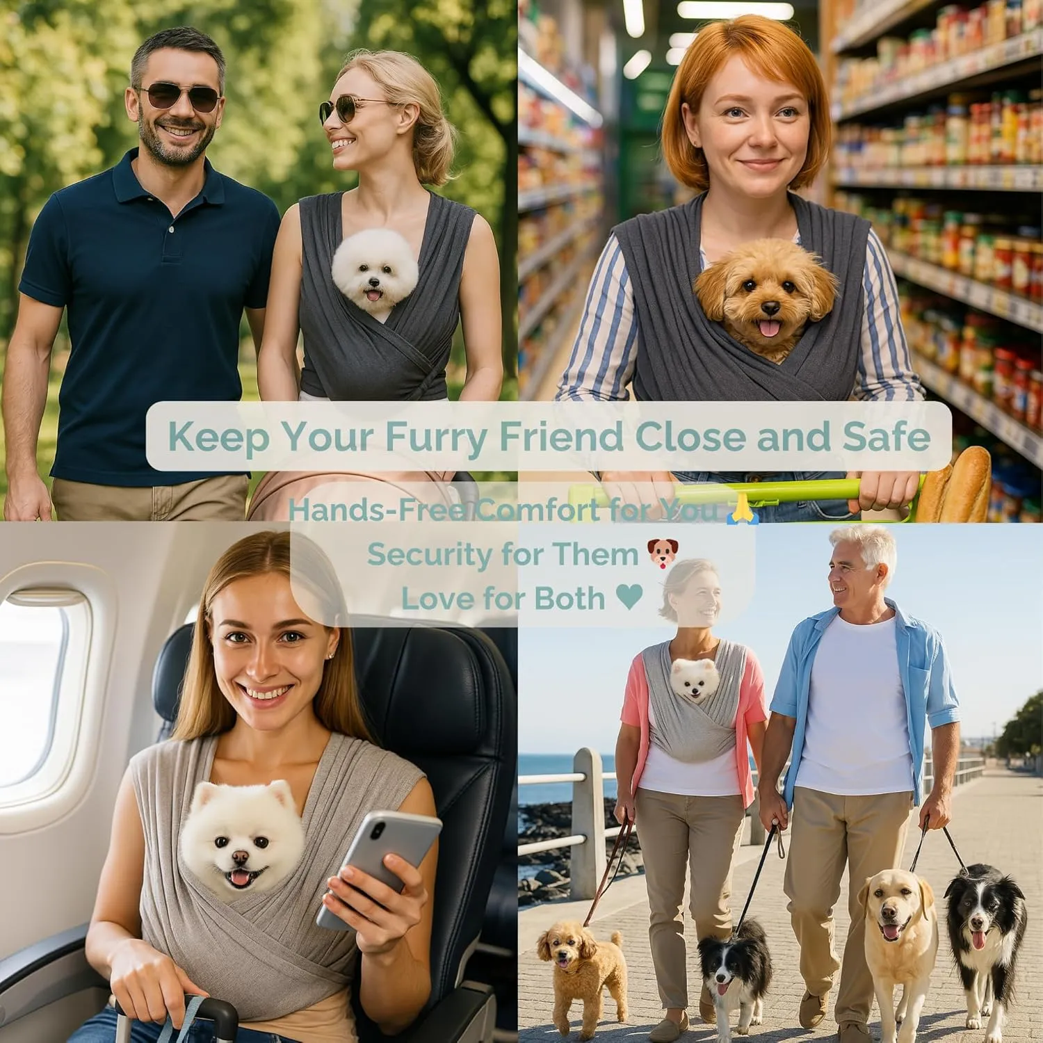 Barks & Mulligans Adjustable Dog Sling for Small Dogs, Puppy Carrier for Pets 0–15 lbs, Cat Sling Wrap, Dog Purse Bag, Hands-Free Pet Holder for Travel or Everyday Use (Light Gray, Regular Fit)