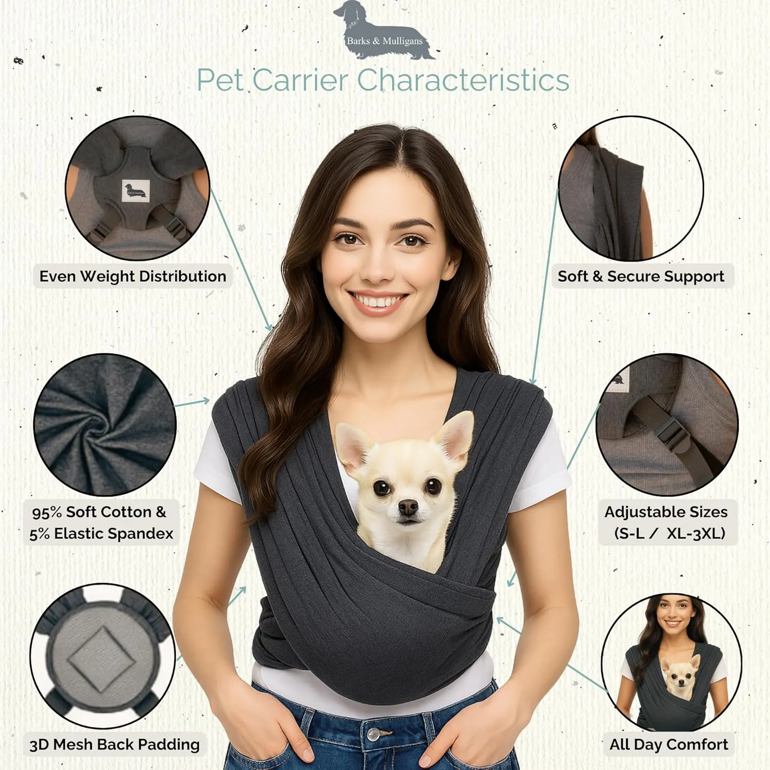 Barks & Mulligans Adjustable Dog Sling for Small Dogs, Puppy Carrier for Pets 0–15 lbs, Cat Sling Wrap, Dog Purse Bag, Hands-Free Pet Holder for Travel or Everyday Use (Light Gray, Regular Fit)