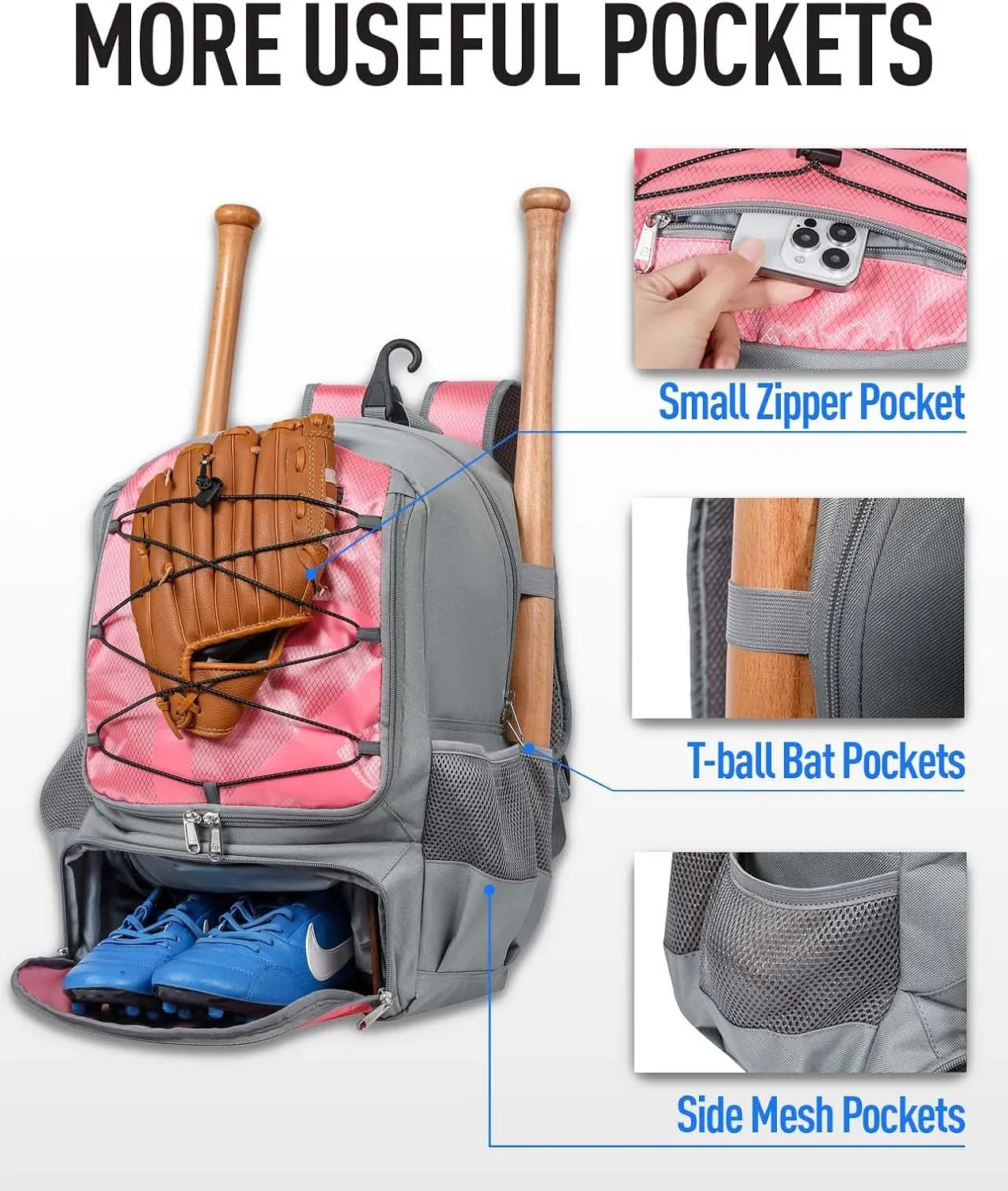 Baseball Bag for Adult Lightweight Youth Softball Backpack, Catcher Bag with Shoe Compartment and External Helmet Holder, Waterproof and Durable