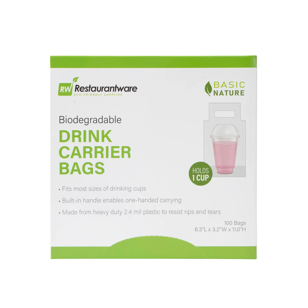 Basic Nature Clear Plastic Drink Carrier Bag - Fits 1 Cup, Biodegradable - 6 1/4" x 3 1/4" x 11" - 100 count box