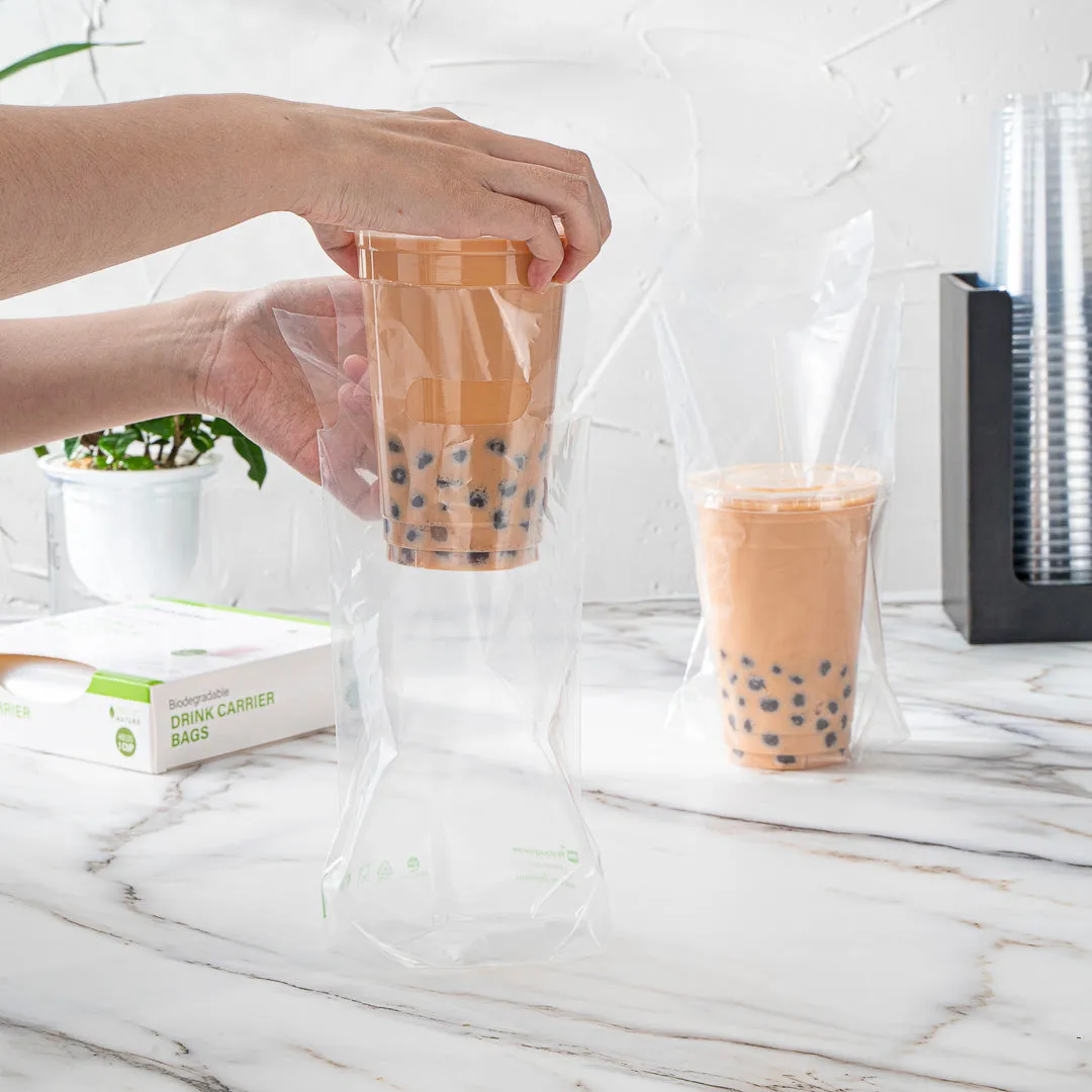 Basic Nature Clear Plastic Drink Carrier Bag - Fits 1 Cup, Biodegradable - 6 1/4" x 3 1/4" x 11" - 100 count box