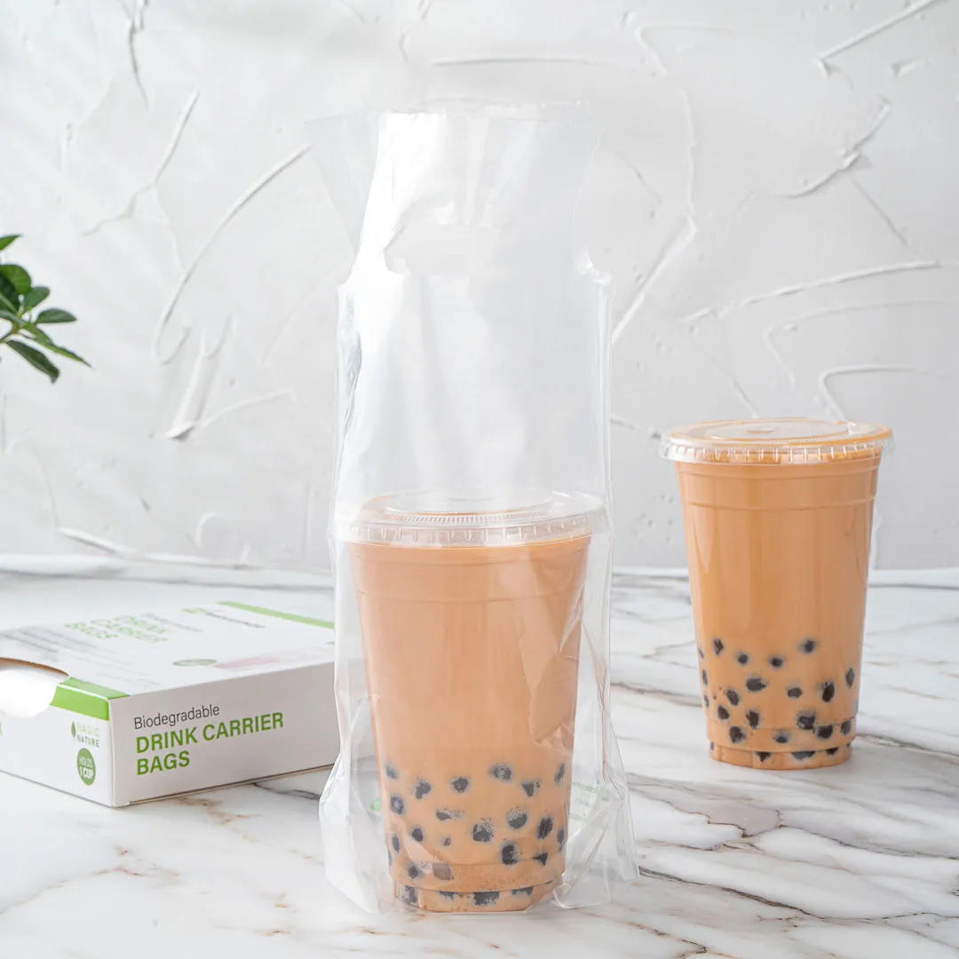 Basic Nature Clear Plastic Drink Carrier Bag - Fits 1 Cup, Biodegradable - 6 1/4" x 3 1/4" x 11" - 100 count box
