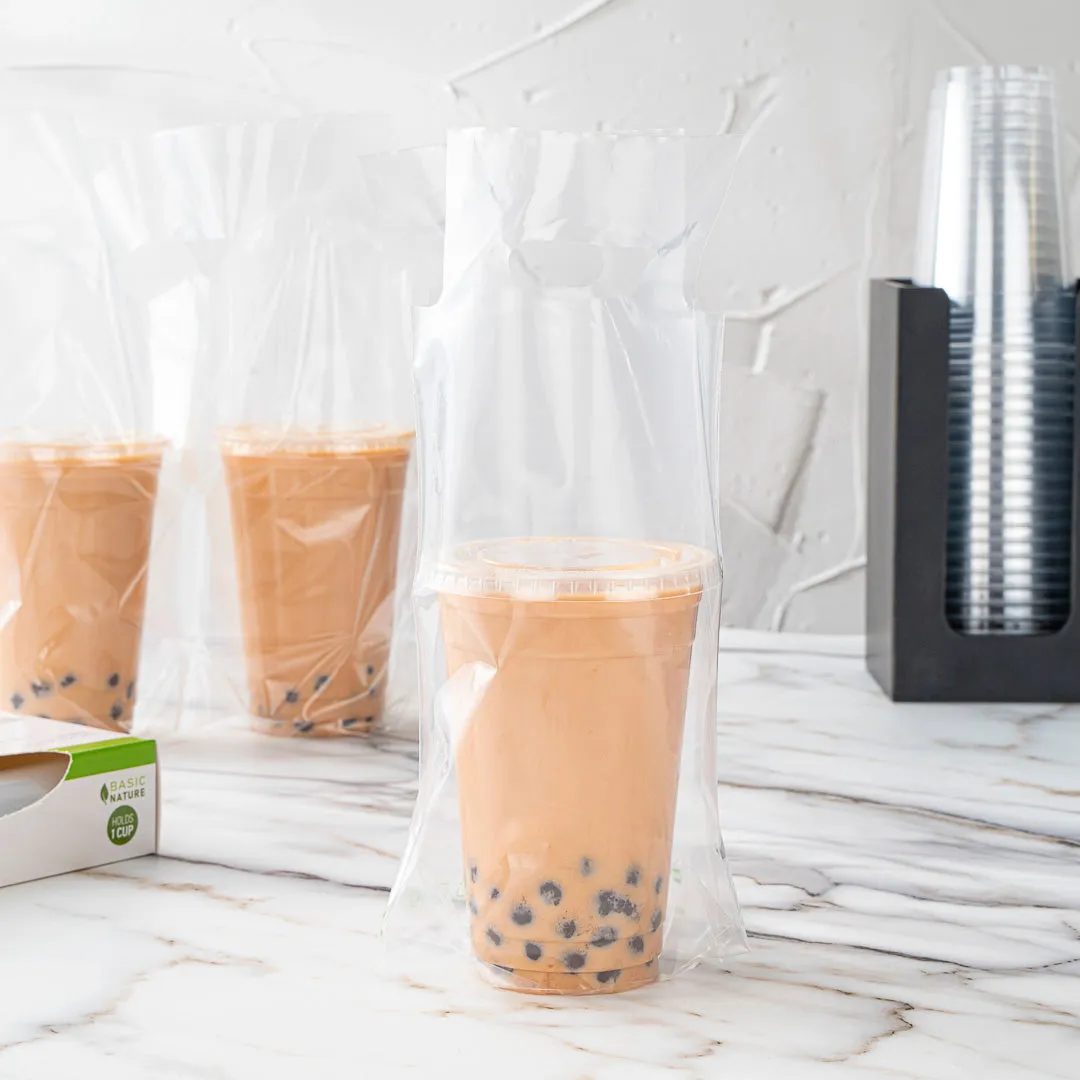 Basic Nature Clear Plastic Drink Carrier Bag - Fits 1 Cup, Biodegradable - 6 1/4" x 3 1/4" x 11" - 100 count box
