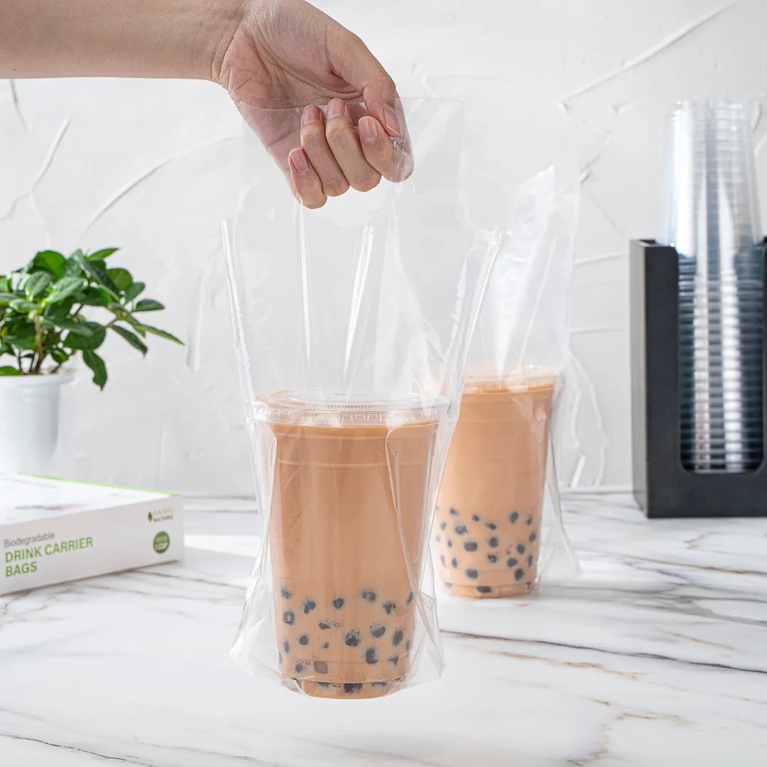 Basic Nature Clear Plastic Drink Carrier Bag - Fits 1 Cup, Biodegradable - 6 1/4" x 3 1/4" x 11" - 100 count box
