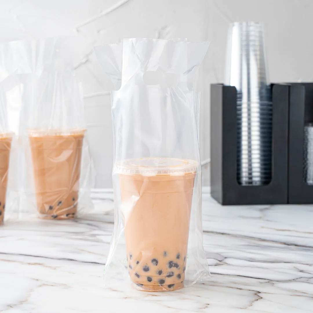 Basic Nature Clear Plastic Drink Carrier Bag - Fits 1 Cup, Biodegradable - 6 1/4" x 3 1/4" x 11" - 100 count box