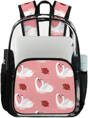 Beautiful Romantic Swans Print Clear Backpack for Stadium Events Heavy Duty Transparent Daypack PVC See Through Clear BookBag for for Women Men Adults Concerts Work Festival Sports Travel