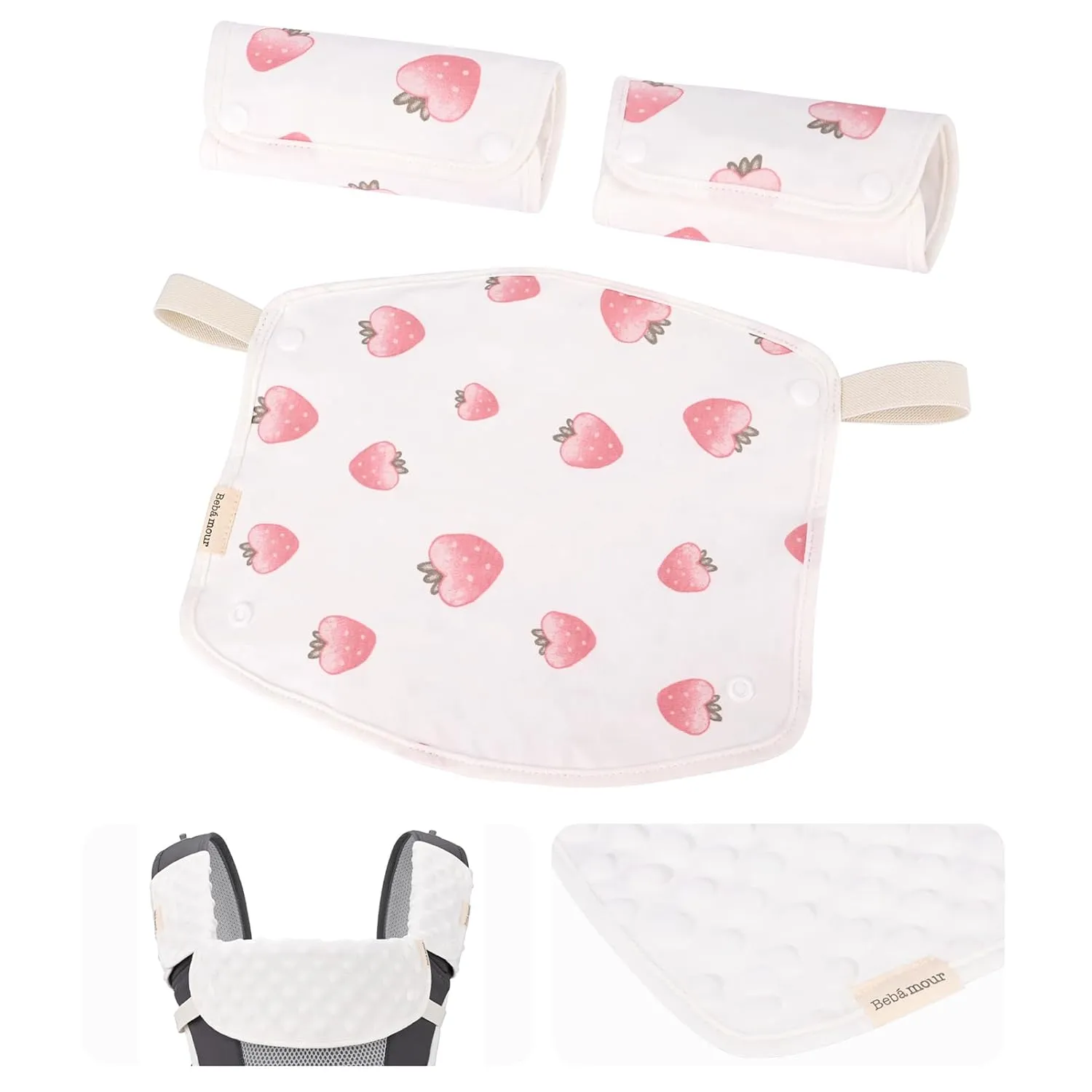 Bebamour Drool and Teething Reversible Cotton Pad for All Carry Positions Baby Carrier White Drool Bib for Boys & Girls(Strawberry)